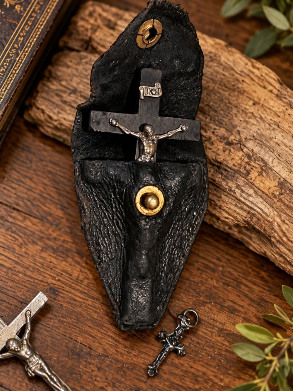 Vintage Crucifix Set with Black Leather Case & Small Cross Pendant